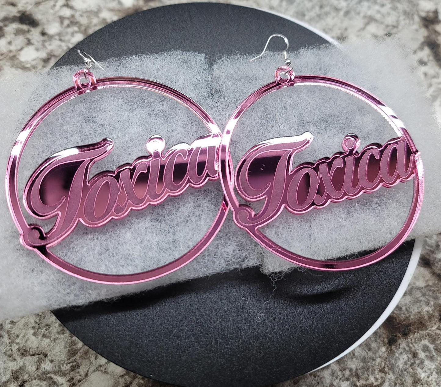 Toxica Earrings laser engraved on acrylic Pink mirror
