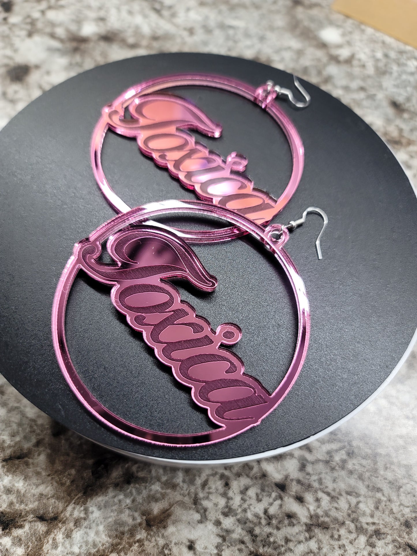 Toxica Earrings laser engraved on acrylic Pink mirror