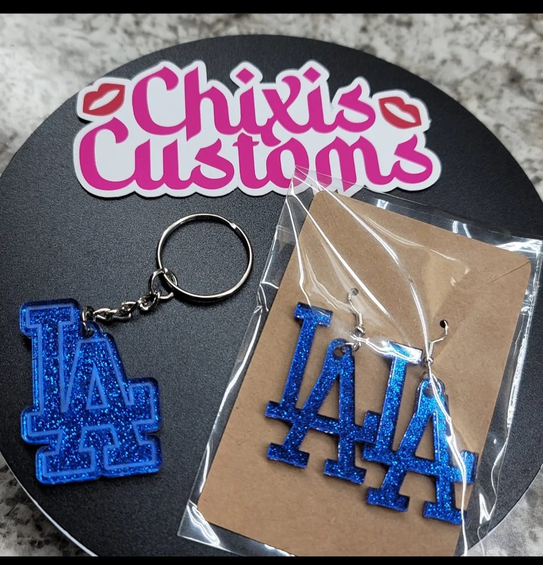 LA Keychain and earring Set Blue Flake